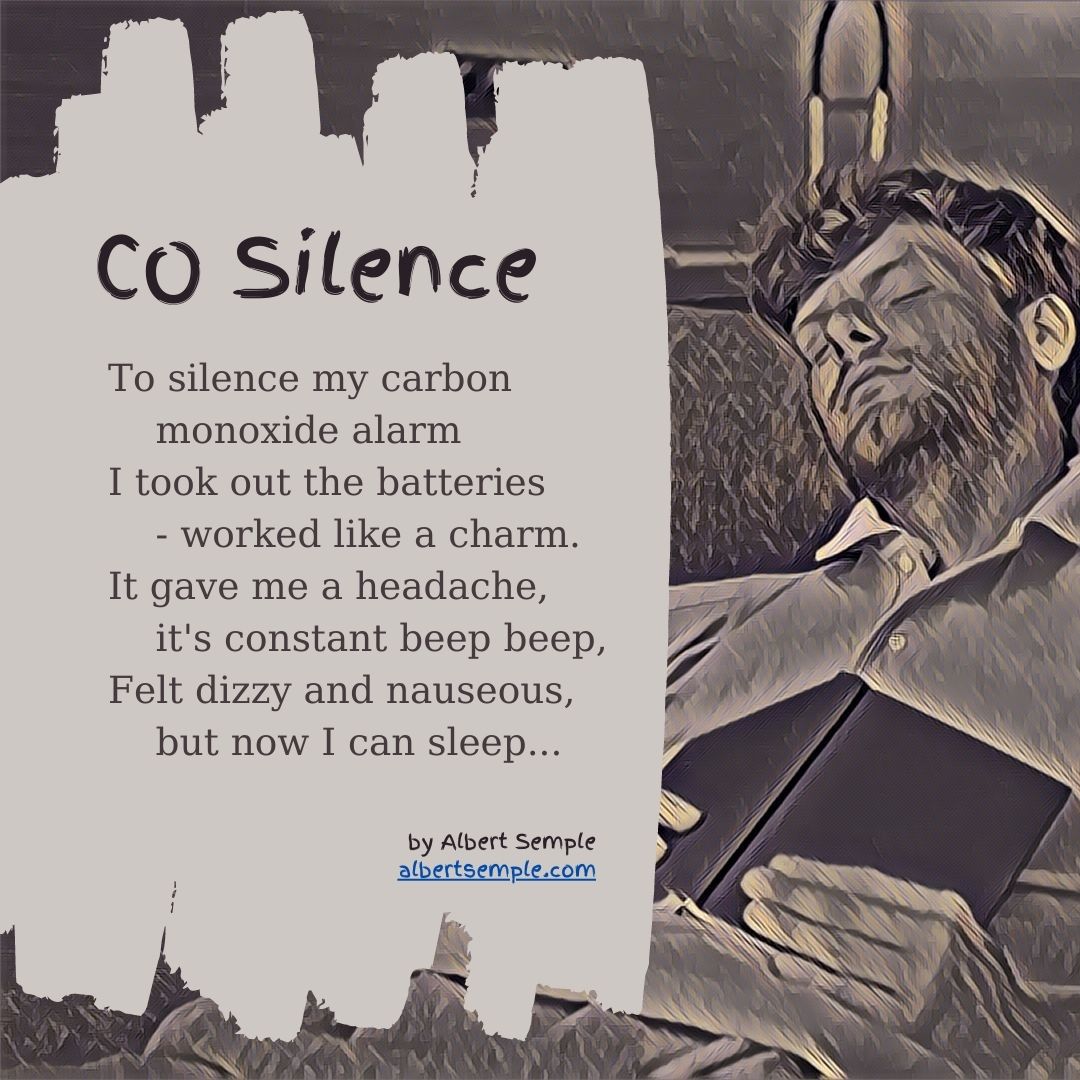 To silence my carbon
 monoxide alarm
I took out the batteries
 - worked like a charm.
It gave me a headache,
 it's constant beep beep,
Felt dizzy and nauseous,
 but now I can sleep...