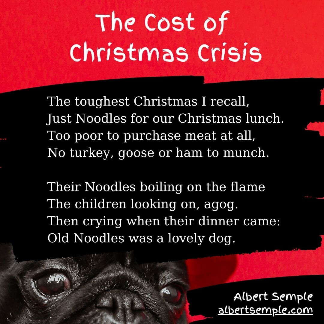 The toughest Christmas I recall,
Just Noodles for our Christmas lunch.
Too poor to purchase meat at all,
No turkey, goose or ham to munch.
Their Noodles boiling on the flame
The children looking on, agog.
Then crying when their dinner came:
Old Noodles was a lovely dog.